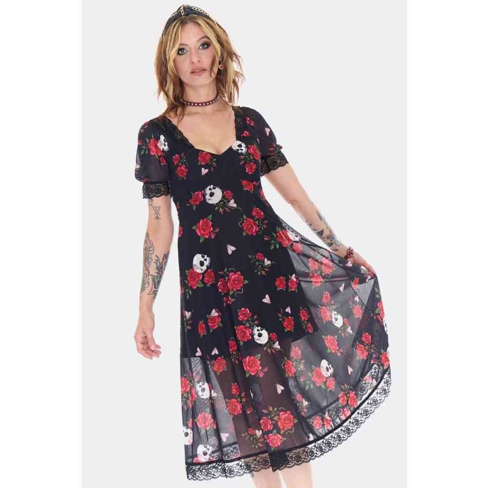 Jawbreaker - Skull And Rose Print Lace Panel Long dress - Black